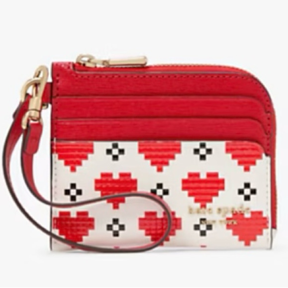 Kate Spade ♠️ Devin Pixel Heart Card Holder Zip Wristlet strap Goldtone Hardware